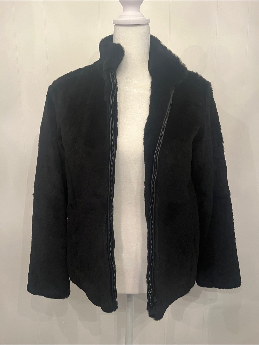 Andrew Marc Black Sheared Rabbit Fur Zip-Front Jacket with Leather Trim